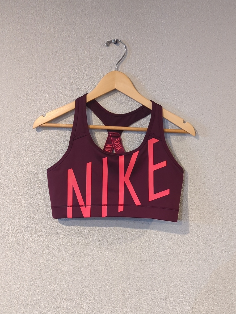 Nike Dri-Fit Burgundy Sports Bra with Pink NIKE Graphic Size Large